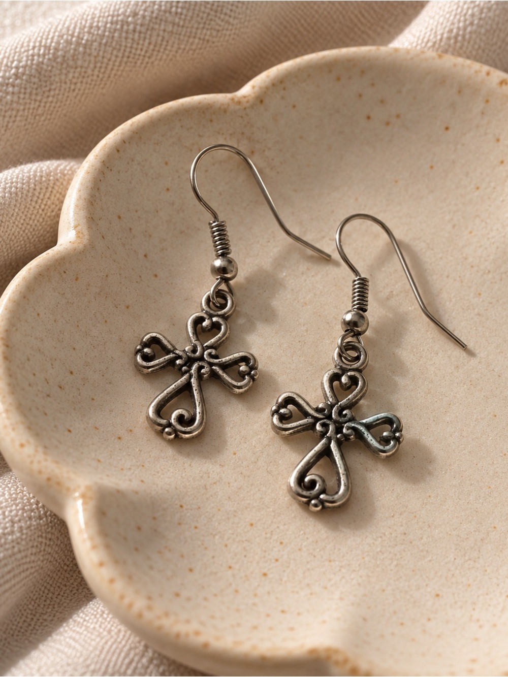 Vintage silver filigree cross earrings